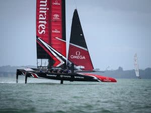Emirates Team New Zealand sail their America's Cup Class race boat for the second day in Auckland New Zealand